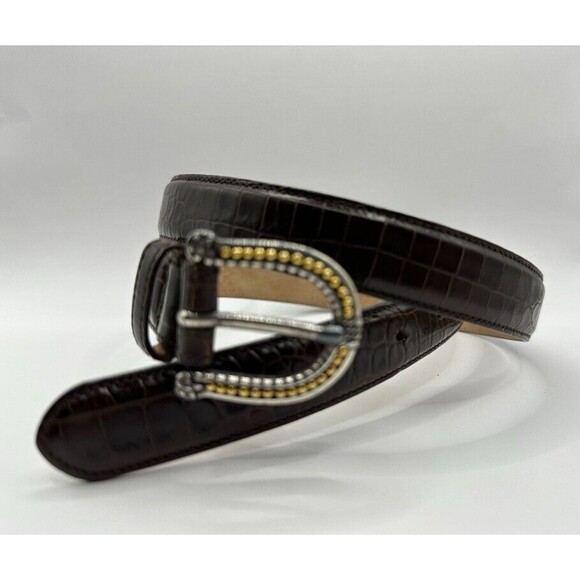 Talbots Womens Large Brown Italian Croc Belt Leather 6702 Skinny Made In Italy - Picture 1 of 10